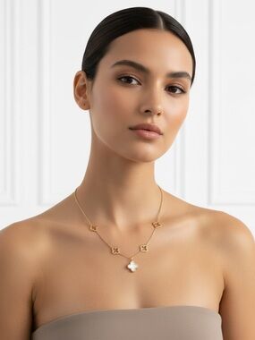 350. 18K Gold Plated Stainless Steel Gold Clover Pendant Necklace White Center